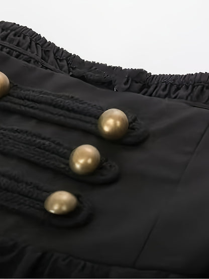 gbolsos  Solid High Waist Button Decor Skirt, Casual A-line Ruffle Hem Lace Up Skirt, Women's Clothing