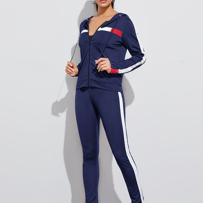 Casual 2pc Set, Zip Up Hoodies Sweatshirt & High Waist Side Striped Sweatpants, Women's Clothing