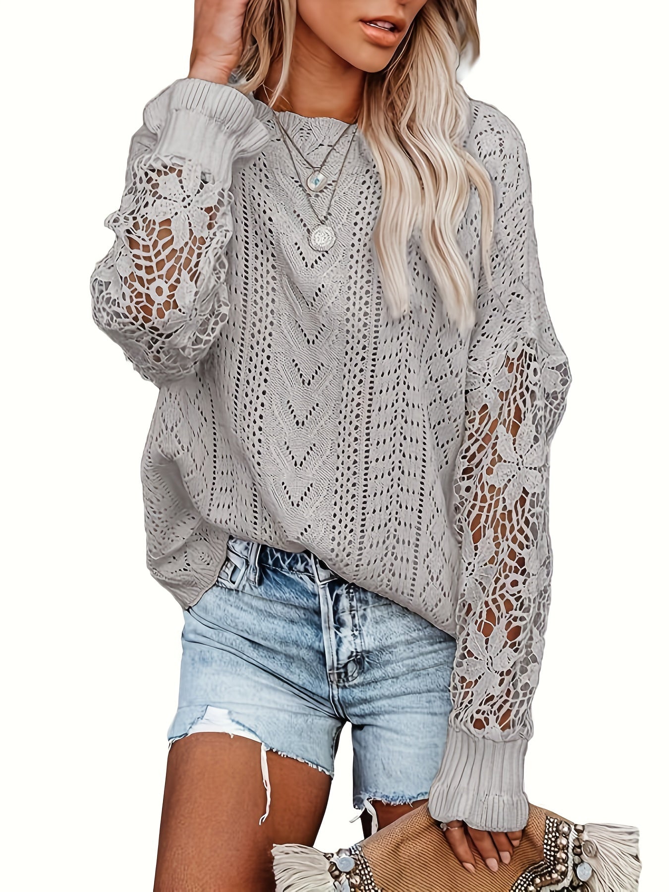 gbolsos  Contrast Lace Eyelet Knit Sweater, Casual Crew Neck Long Sleeve Sweater, Women's Clothing
