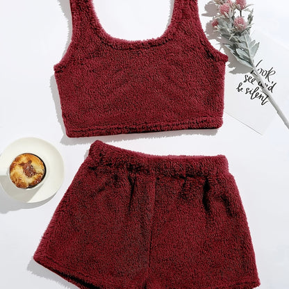 Fluffy Comfortable Pajamas Set, Crop Tank Sleeveless Top & Comfortable Shorts Loungewear Set For Valentine's Gifts, Women's Loungewear & Sleepwear