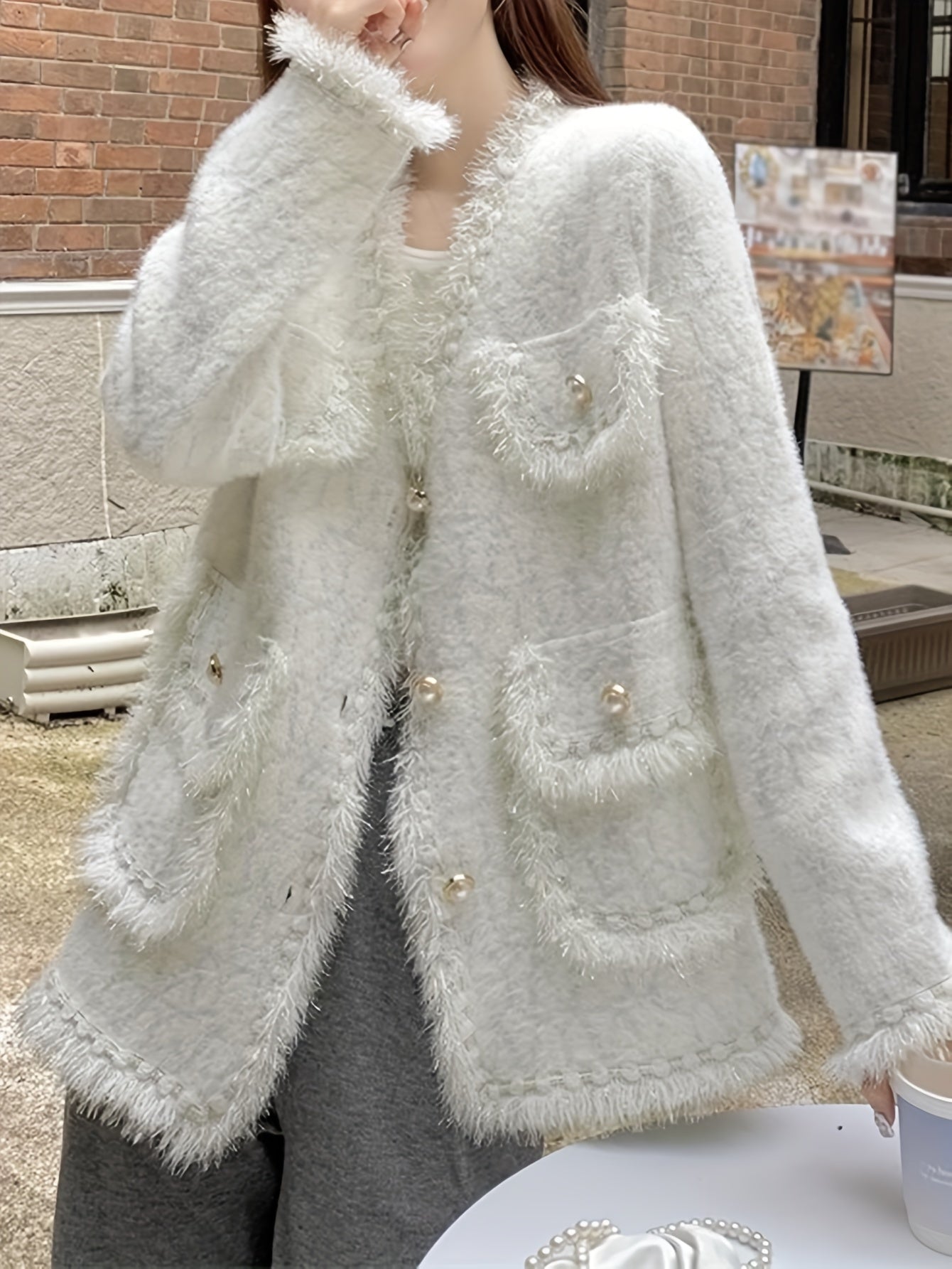 gbolsos  Elegant Button Front Cardigan, Long Sleeve Contrast Trim Jacket For Fall & Winter, Women's Clothing