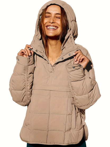 Plus Size Casual Winter Coat, Women's Plus Solid Quilted Button Up Long Sleeve Hooded Pullover Puffer Coat