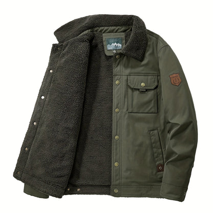 gbolsos  Warm Fleece Windbreaker Jacket, Men's Casual Lapel Multi Pocket Cargo Jacket Coat For Fall Winter Outdoor Activities