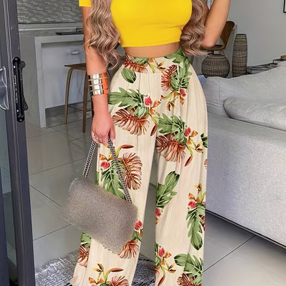 2025 gbolsos  Boho Summer Two Pieces Set, Cropped Solid Short Sleeve T-shirt & High Waist Floral Print Wide Leg Pants Outfits, Women's Clothing