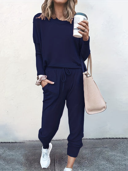 gbolsos  Casual Solid Two-piece Set, Long Sleeve T-shirt & Drawstring Pants Outfits, Women's Clothing