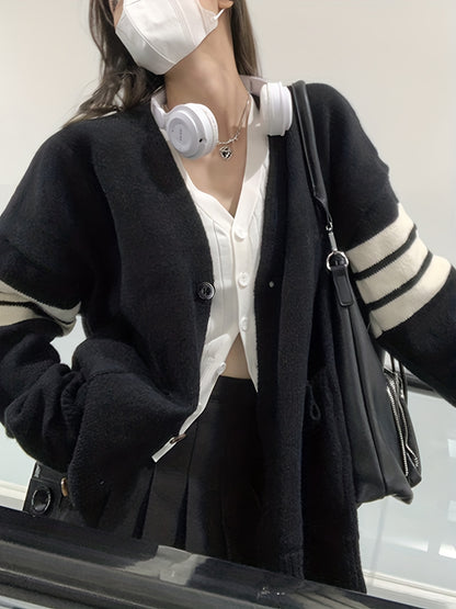 gbolsos  Striped Print Button Front Knit Cardigan, Casual V Neck Long Sleeve Sweater For Pockets, Women's Clothing