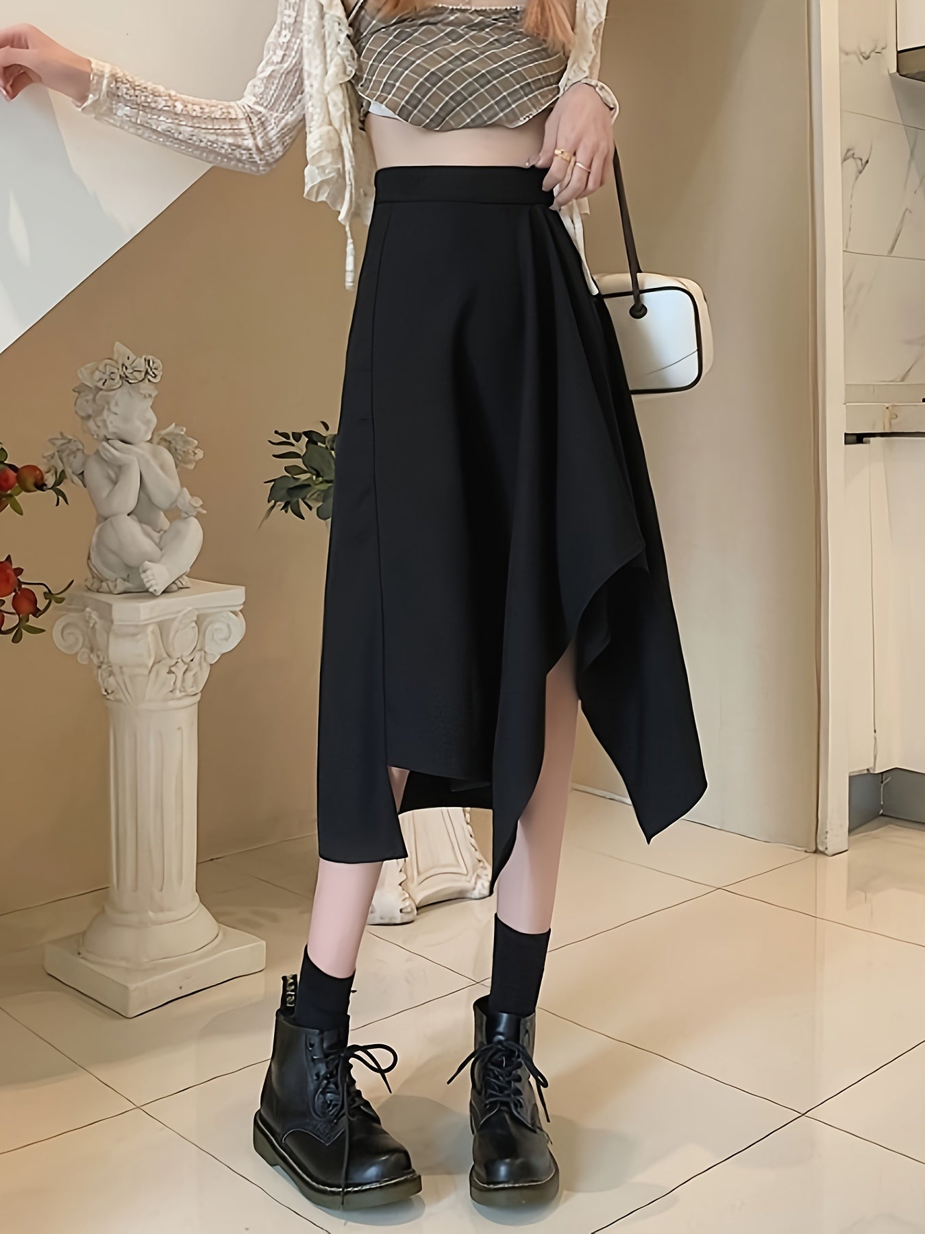 gbolsos Solid High Waist Draped Skirt, Casual Asymmetrical Hem Flared Midi Skirt, Women's Clothing