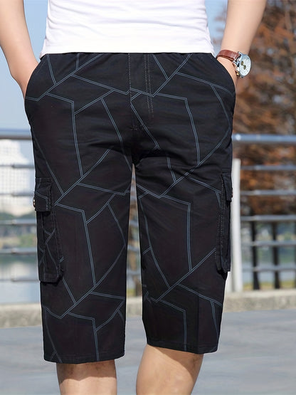 gbolsos  Geometric Pattern Cotton Cargo Shorts, Men's Casual Multi Pocket Waist Drawstring Cargo Shorts For Summer Outdoor