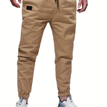 gbolsos Woven Cotton Blend Joggers, Men's Casual Solid Color Slightly Stretch Drawstring Pants For Spring Summer