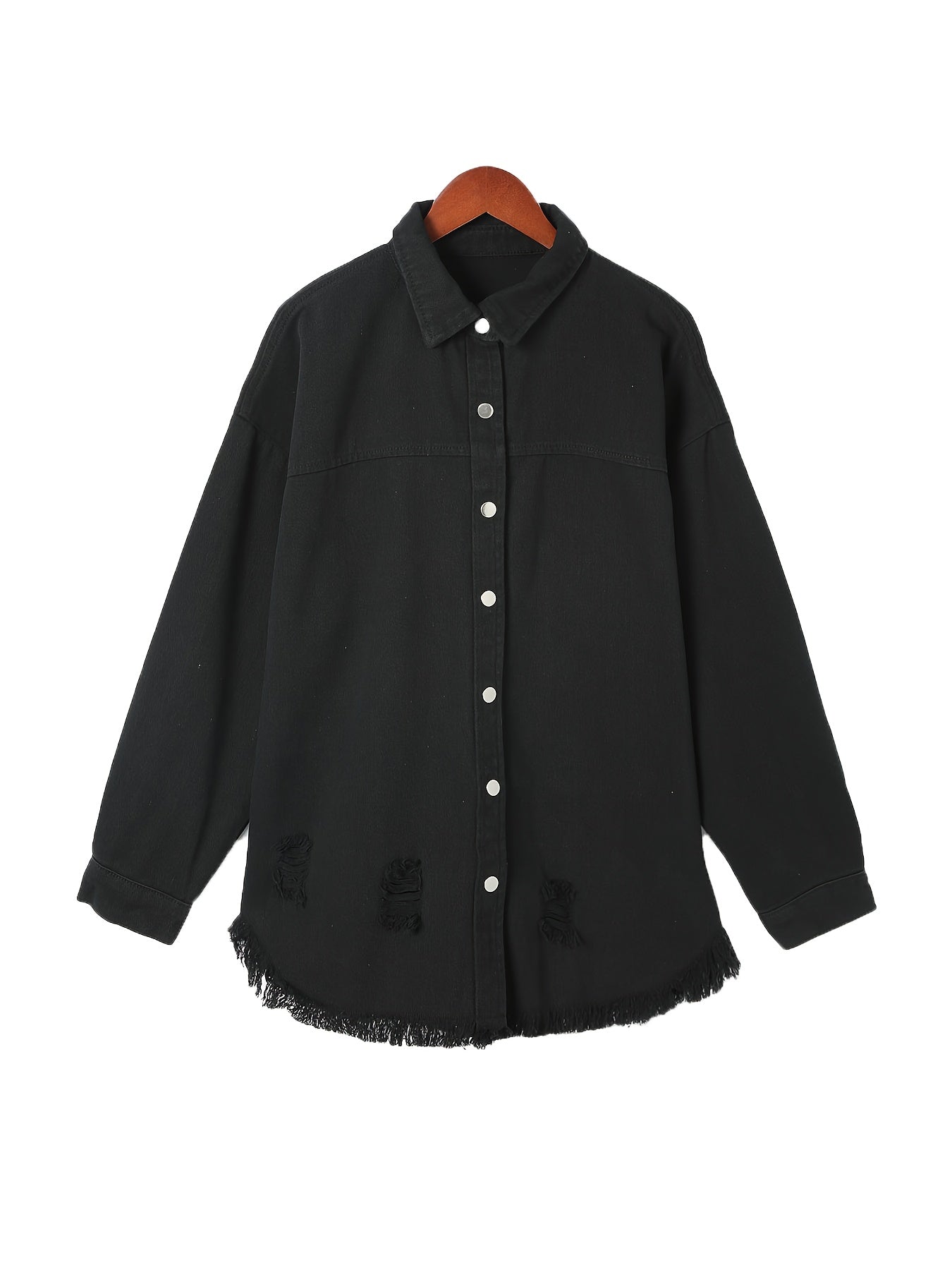 Black Raw Hem Denim Jackets, Long Sleeves Single Breasted Button Lapel Denim Shirt, Women's Denim Clothing