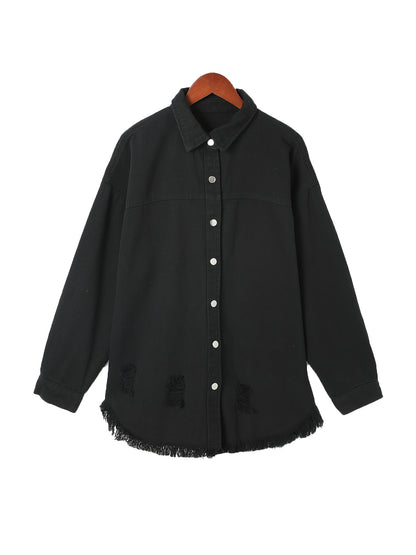 Black Raw Hem Denim Jackets, Long Sleeves Single Breasted Button Lapel Denim Shirt, Women's Denim Clothing