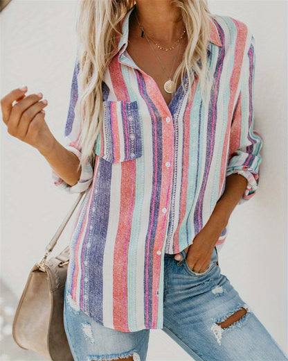 gbolsos  Casual Striped Shirt, Button Up Top For Spring & Fall, Women's Clothing