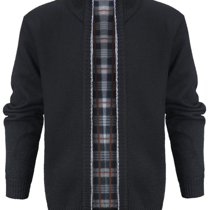 gbolsos  Warm Zip Up Jacket Sweater, Men's Casual Lapel Mid Stretch Slant Pocket Solid Color Cardigan For Fall Winter