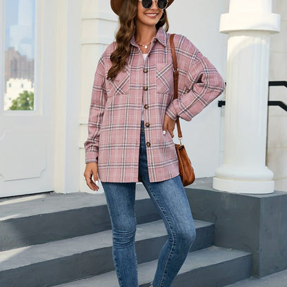 gbolsos  Plaid Print Shacket Jacket, Casual Button Front Long Sleeve Outerwear, Women's Clothing
