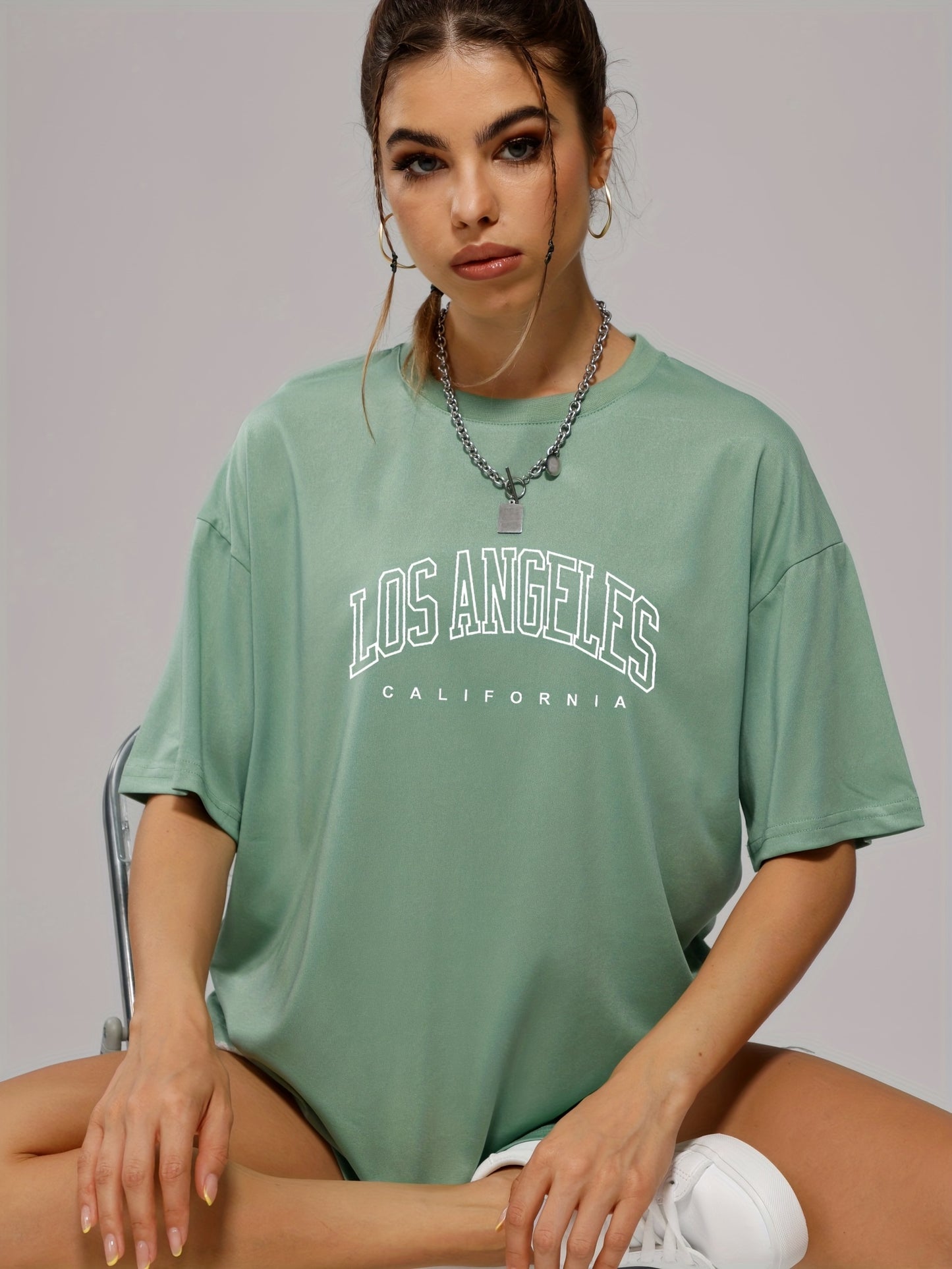 gbolsos  Solid Color Letter Print Casual Sports T Shirt, Soft Crew Neck Short Sleeve Tee, Women's Clothing