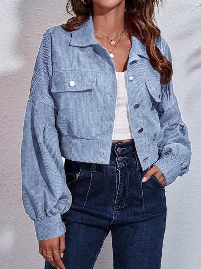 Solid Lantern Sleeve Ribbed Corduroy Cropped Jacket, Fashion Winter Coats, Women's Clothing