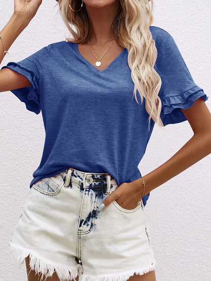 2025 gbolsos  Ruffle Hem V Neck T-Shirt, Casual Short Sleeve T-Shirt For Spring & Summer, Women's Clothing