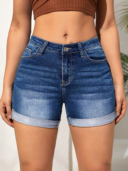 gbolsosRoll Up Hem Whiskering Stretchy Denim Shorts, Water Ripple Embossed Crotch Cuffed Denim Pants, Women's Denim Jeans & Clothing
