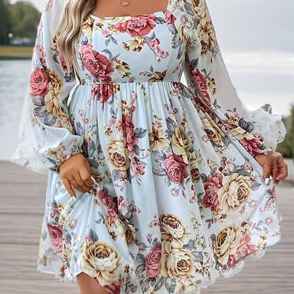 gbolsos  Plus Size Elegant Dress, Women's Plus Shirred Ditsy Floral Print Lantern Sleeve Square Neck Nipped Waist Dress