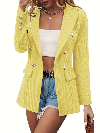 gbolsos  Lapel Double Breasted Blazer, Elegant Long Sleeve Work Office Outerwear With Pockets, Women's Clothing