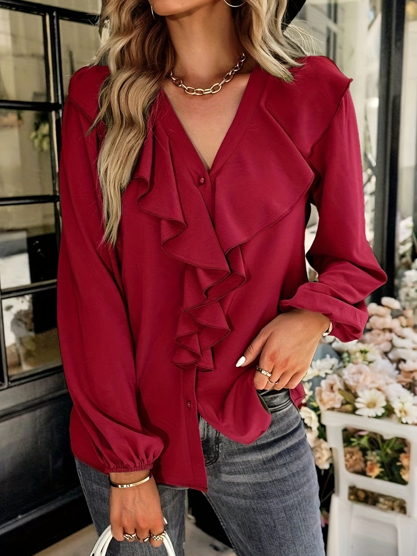 gbolsos  Ruffle Trim Solid Blouse, Elegant V Neck Lantern Sleeve Blouse, Women's Clothing