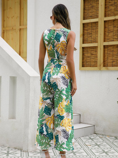gbolsos  Boho Tropical Print Wide Leg Jumpsuit, Boho V-neck Sleeveless Tank Jumpsuit, Women's Clothing