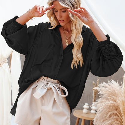 Button Front Pocket Shirred Shirt, Casual Lantern Sleeve Shirt For Spring & Fall, Women's Clothing