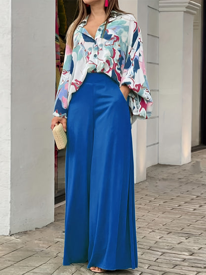 gbolsos  Batwing Sleeve Tie Dye Blouse & High Waist Solid Pantsuits