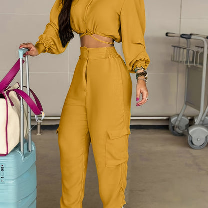 gbolsos  Solid Casual Two-piece Set, Button Front Long Sleeve Tops & High Waist Pants Outfits, Women's Clothing