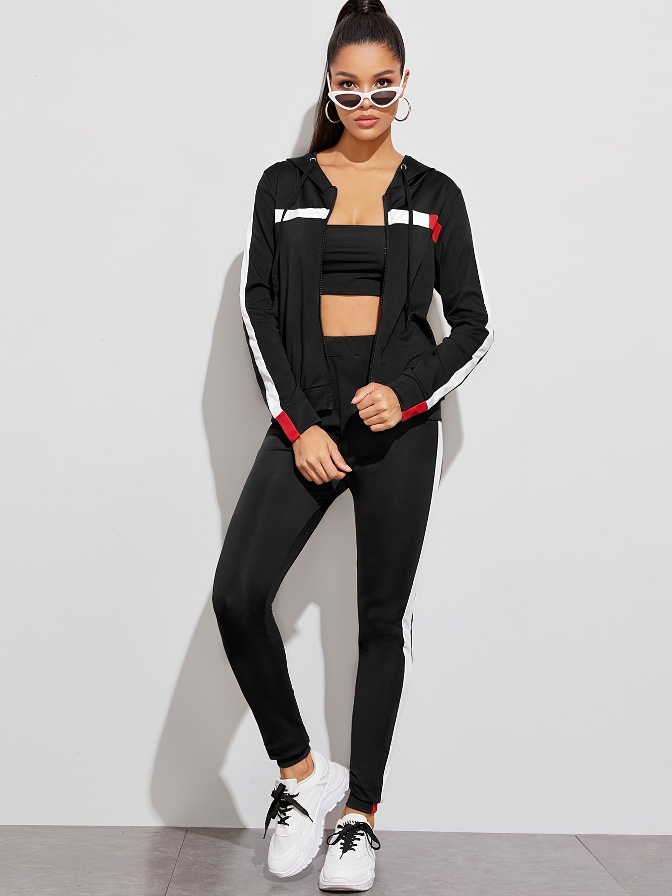 Casual 2pc Set, Zip Up Hoodies Sweatshirt & High Waist Side Striped Sweatpants, Women's Clothing