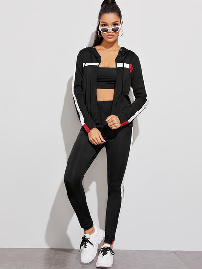 Casual 2pc Set, Zip Up Hoodies Sweatshirt & High Waist Side Striped Sweatpants, Women's Clothing
