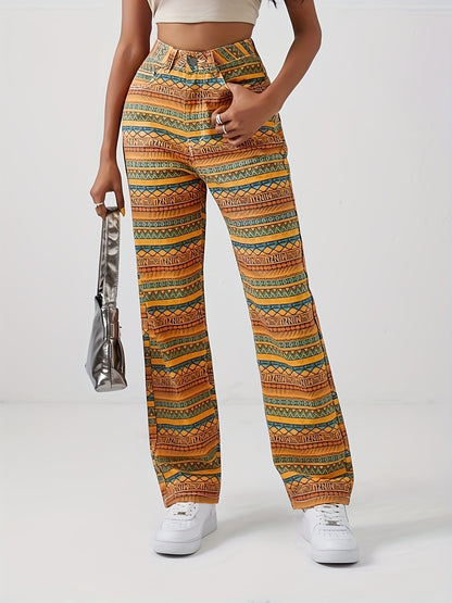 gbolsos Geometric Striped Print Straight Jeans, Loose Fit Non-Stretch Street Style Denim Pants, Women's Denim Jeans & Clothing
