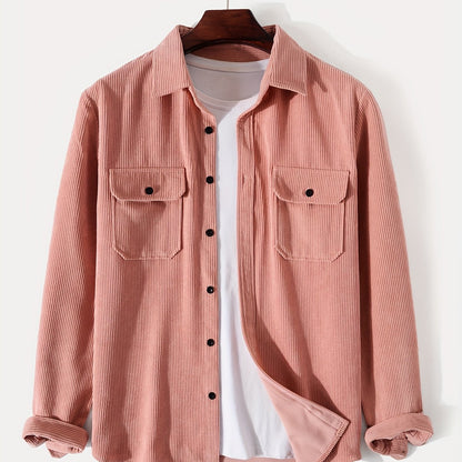 gbolsos  Men's Retro Corduroy Shirt Top Turn-Down Collar Long Sleeve Closure Regular Fit Solid Male Casual Shirt For Daily