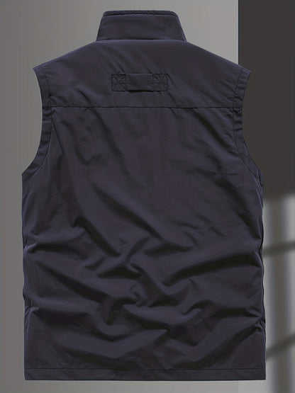 Men's Casual Plain Color Vest With Zip Up Pockets Men's Clothes Outerwear Sleeveless Jacket