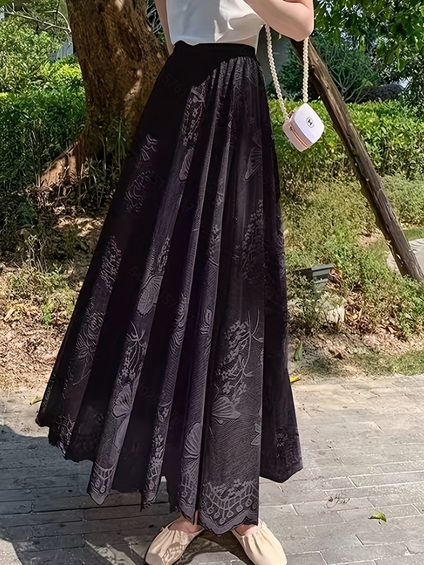 Solid Lace Elastic Waist Skirt, Elegant Skirt For Spring & Summer, Women's Clothing