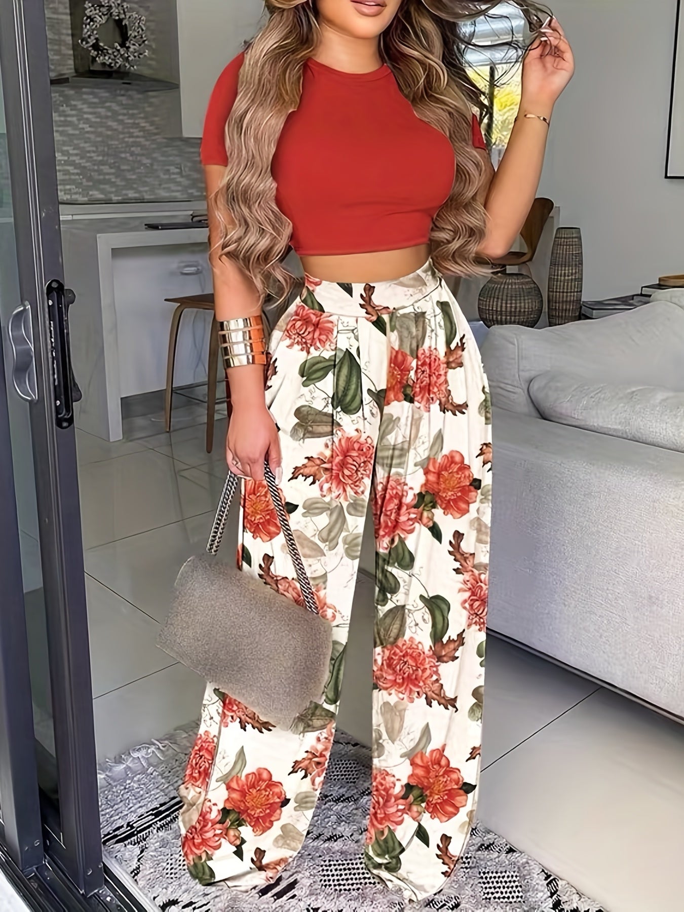 2025 gbolsos  Boho Summer Two Pieces Set, Cropped Solid Short Sleeve T-shirt & High Waist Floral Print Wide Leg Pants Outfits, Women's Clothing
