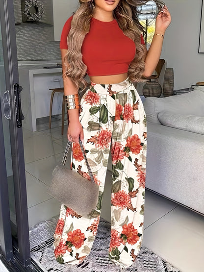 2025 gbolsos  Boho Summer Two Pieces Set, Cropped Solid Short Sleeve T-shirt & High Waist Floral Print Wide Leg Pants Outfits, Women's Clothing