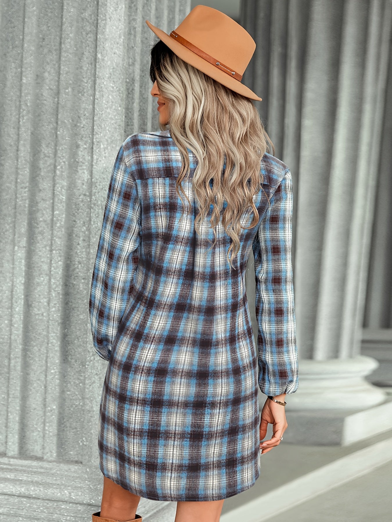 gbolsos  Preppy Stylish Plaid Belted Dress, Button Down Long Sleeve Dress, Casual Every Day Dress, Women's Clothing