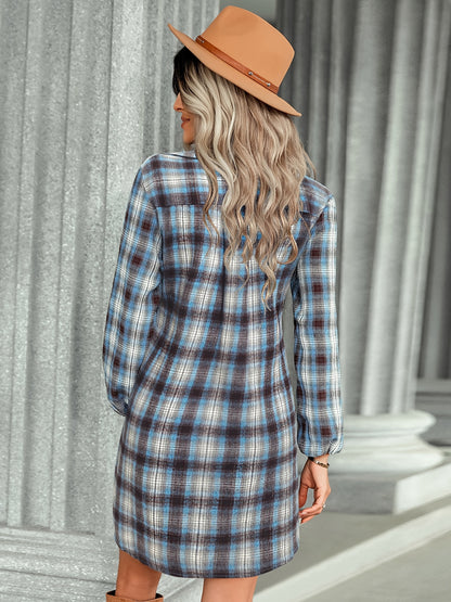 gbolsos  Preppy Stylish Plaid Belted Dress, Button Down Long Sleeve Dress, Casual Every Day Dress, Women's Clothing