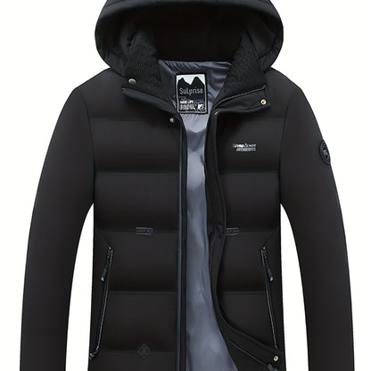 gbolsos  Men's Classic Design Padded Hooded Jacket, Men Casual Padded Coat Windbreaker Zipper Pocket Stand Collar For Men Winter