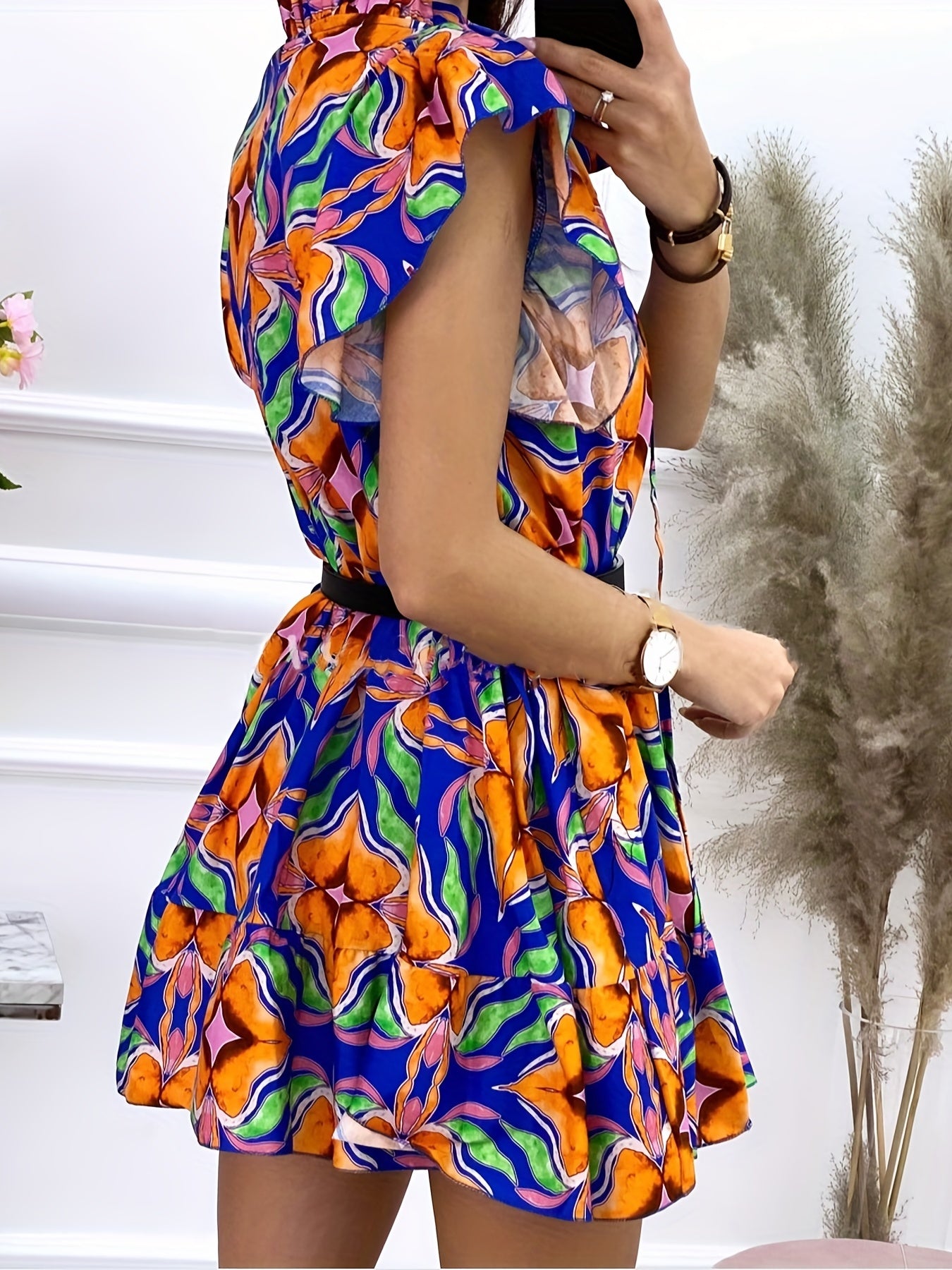 Graphic Print Ruffle Trim Dress, Casual V Neck Drawstring Dress, Women's Clothing