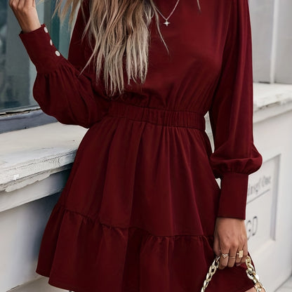 gbolsos  Ruffle Hem Solid Dress, Elegant Keyhole Crew Neck Long Sleeve Dress, Women's Clothing