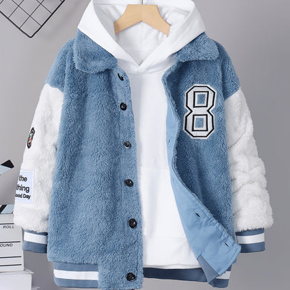 Boys Casual Color Block Non Stretch Warm Fleece Zip Up Coat, Kids Clothing For Fall Winter