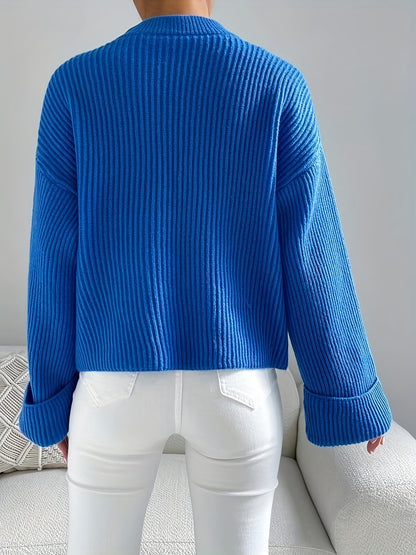 gbolsos  Solid Mock Neck Pullover Sweater, Casual Long Sleeve Drop Shoulder Sweater For Fall & Winter, Women's Clothing