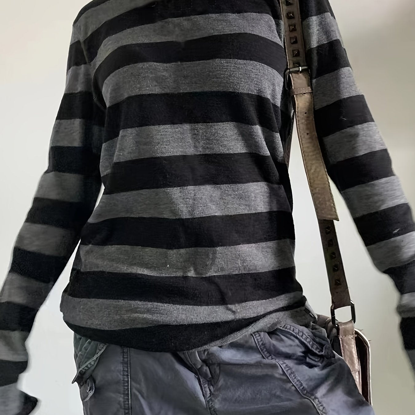 kkboxly  Casual Striped Long Sleeve T-Shirts, Striped T Shirts Crew Neck Tops, Women's Clothing