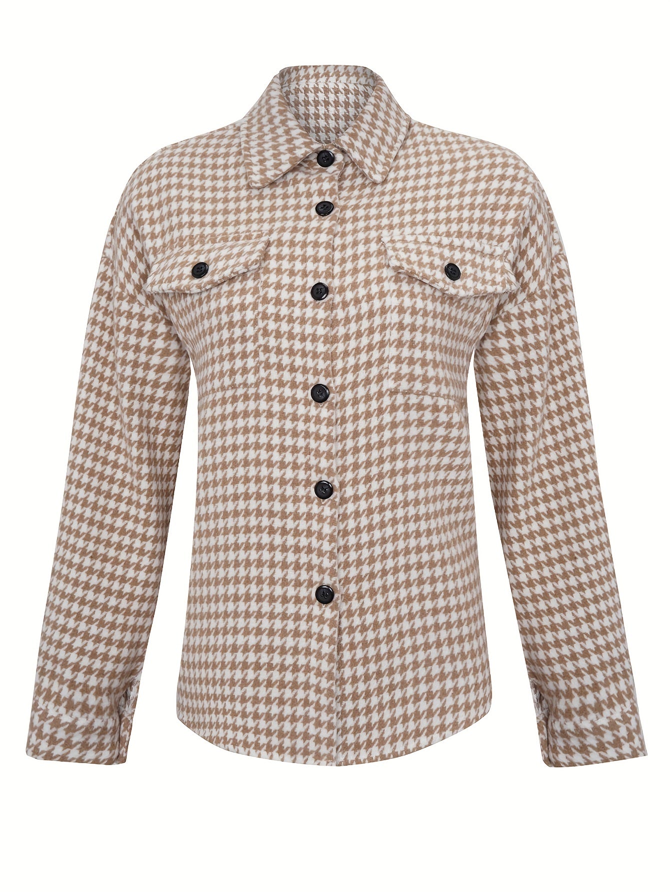 gbolsos  Houndstooth Print Shacket Jacket, Casual Button Front Long Sleeve Outerwear, Women's Clothing