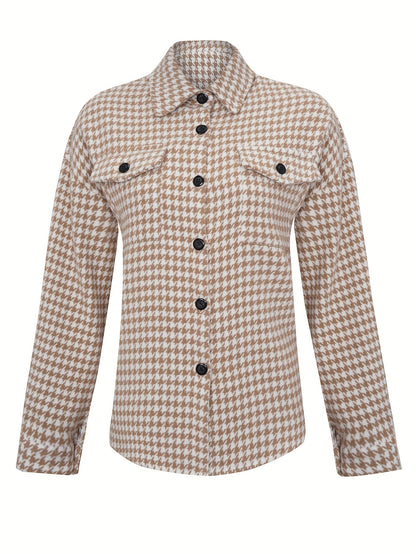 gbolsos  Houndstooth Print Shacket Jacket, Casual Button Front Long Sleeve Outerwear, Women's Clothing