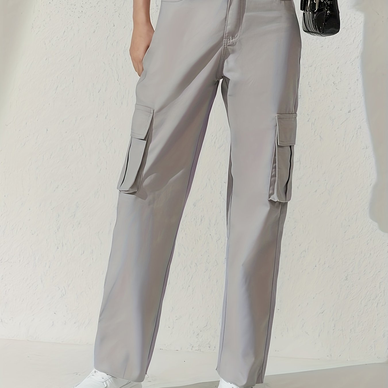 gbolsos  Plain Flap Pockets Cargo Pants, Loose Fit Non-Stretch Y2K & Kpop Style Straight Jeans, Women's Denim Jeans & Clothing