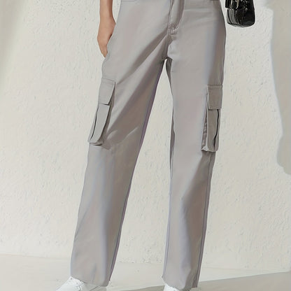 gbolsos  Plain Flap Pockets Cargo Pants, Loose Fit Non-Stretch Y2K & Kpop Style Straight Jeans, Women's Denim Jeans & Clothing