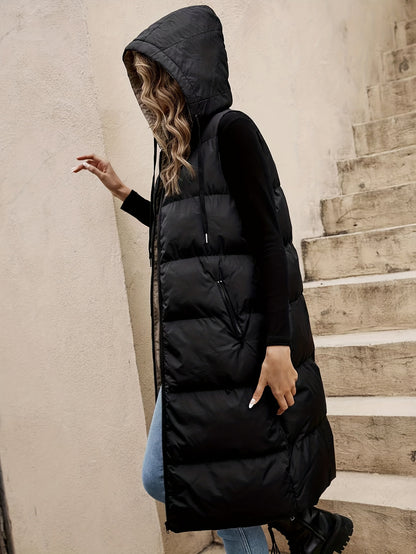 Hooded Sleeveless Coat, Casual Zipper Long Length Winter Outerwear, Women's Clothing